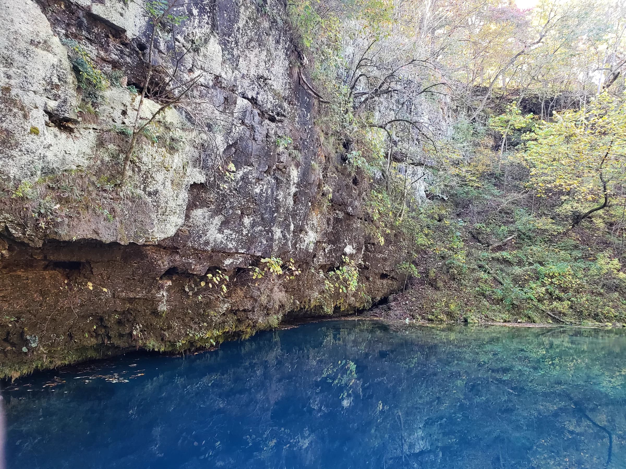 The deep blue pool of Blue Spring beneath a limestone bluff